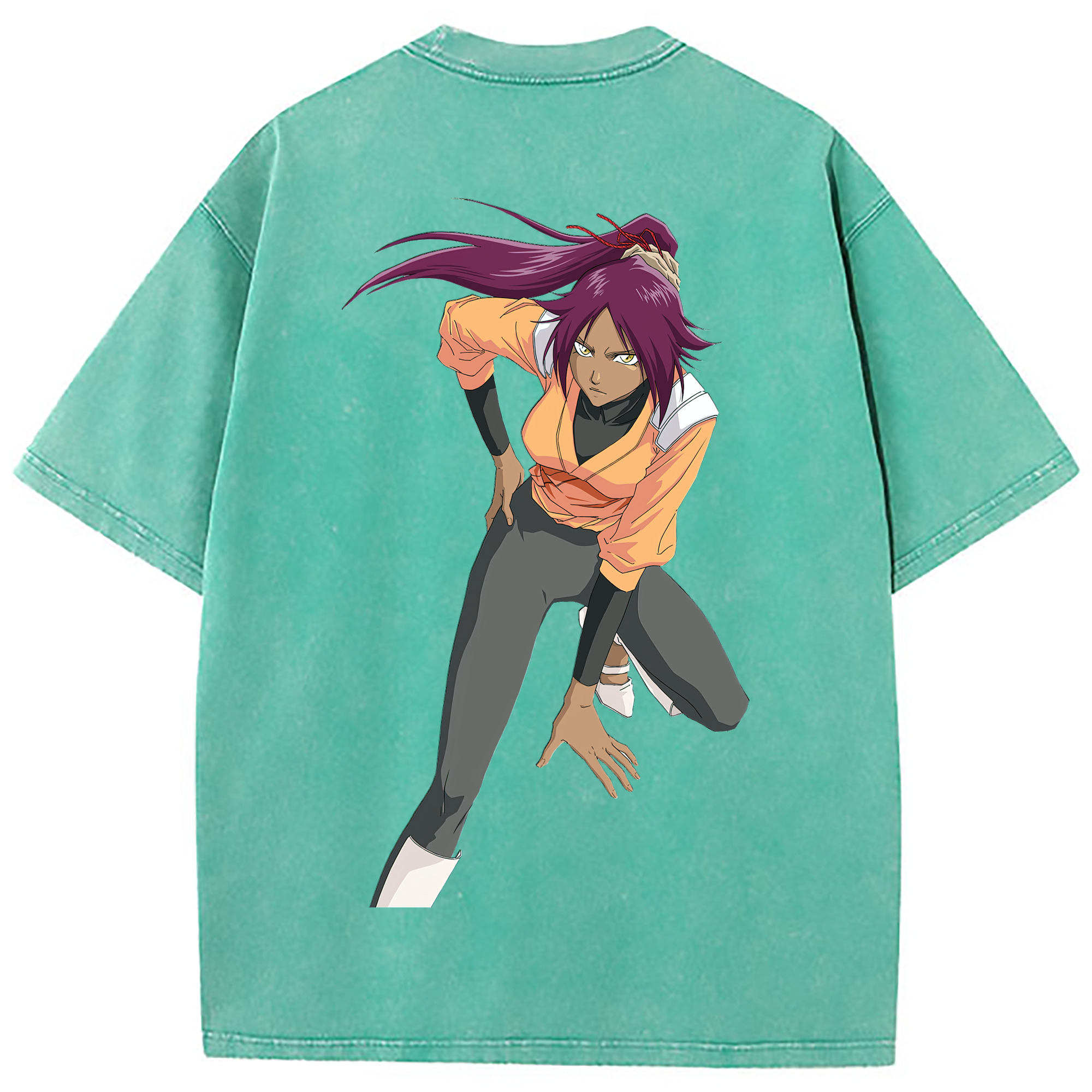 （画像用） ブリーチ 四楓院 夜一（しほういん よるいち） BLEACH Shihouin Yoruichi 綿100% ヴィンテージ風 半袖Tシャツ（背面プリント）
